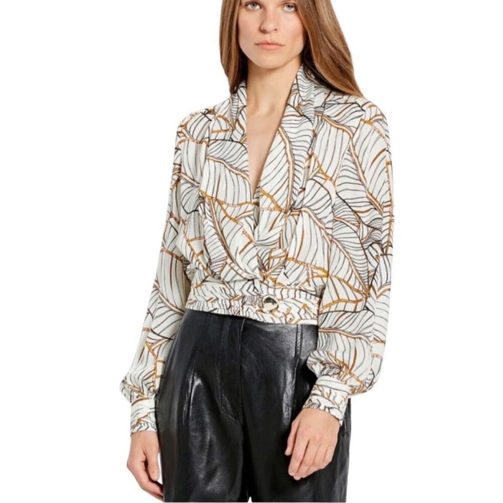 Nicholas Sheila Cream Brown Silk Leaves Print Shawl Neck Wrap Style Blouse Size
